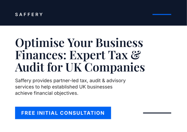 Powst postcard for Saffery offering expert tax and audit for UK companies